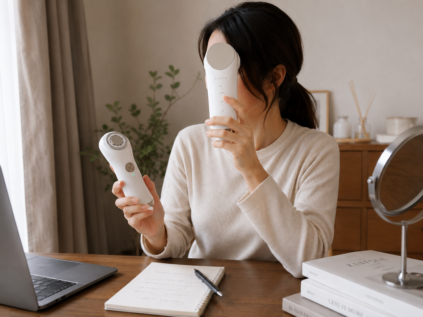 2台の美顔器を手に持って比較検討している様子