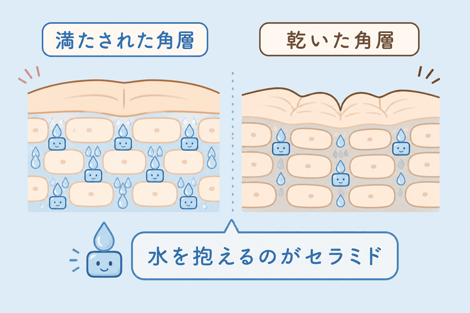 満たされた角層と乾いた角層の対比を示す図解
