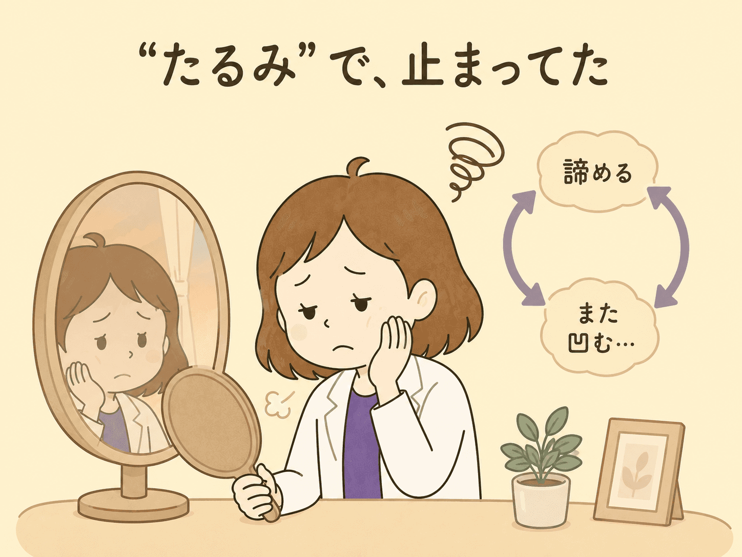 夕方の鏡の前で肩を落とし歳のせいだと諦める女性