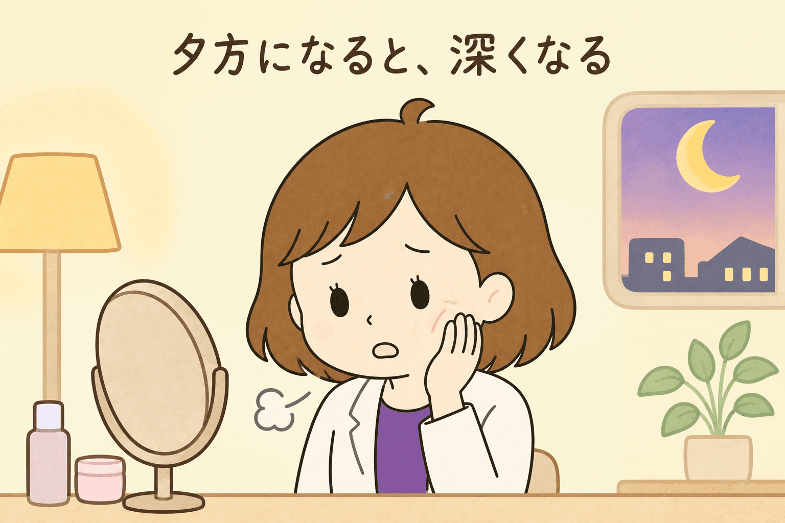 夕方、頬に手を当てしぼんで深くなった線を気にする女性