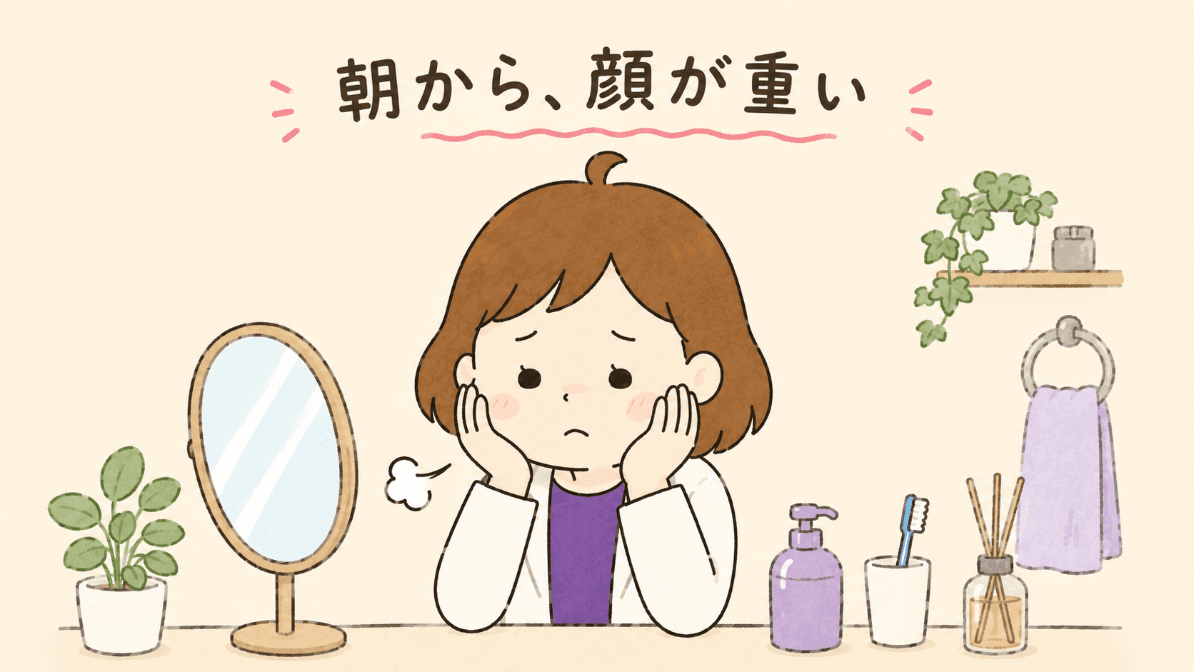 朝、両手で頬を包みむくんで重い顔を持て余す女性