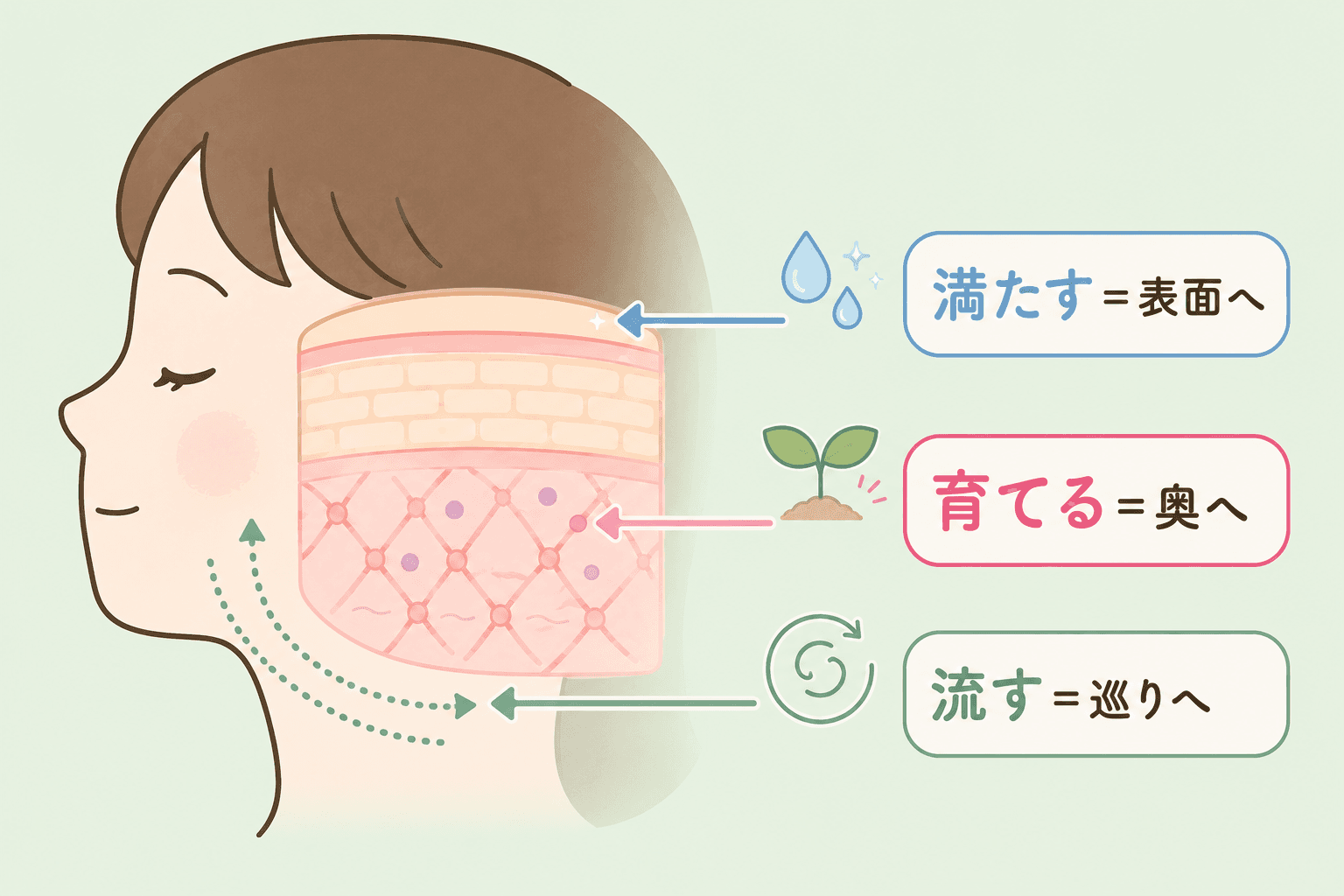 育てる・満たす・流すそれぞれが届く場所の違いを示す図解