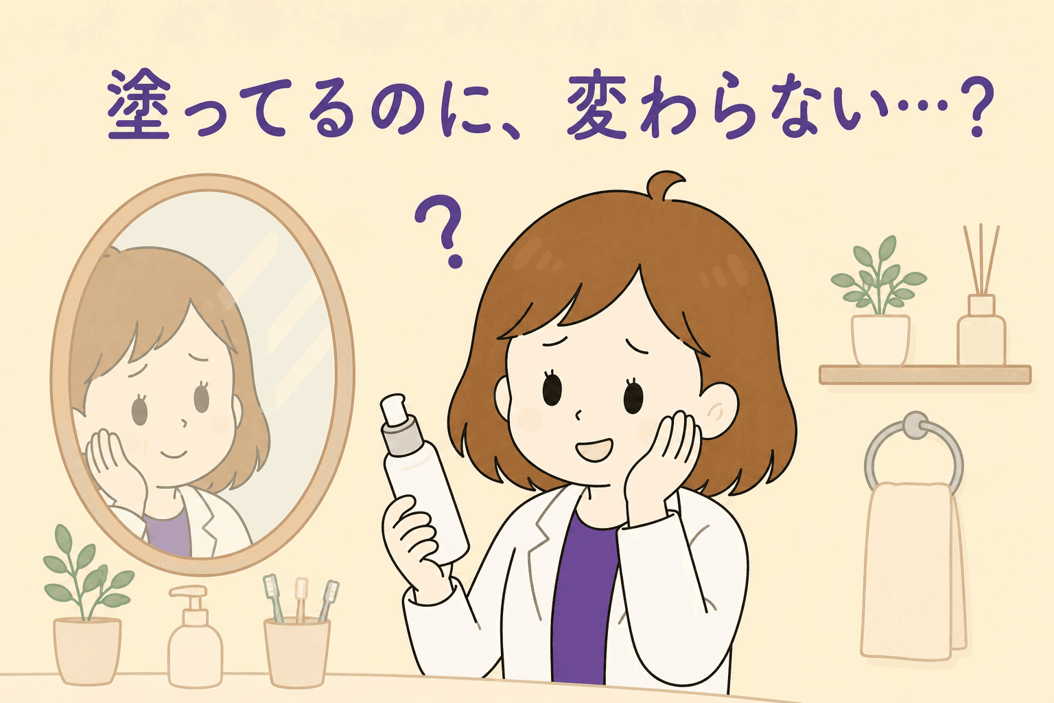 美容液を手にちゃんと塗っているのに変わらないと苦笑いする女性