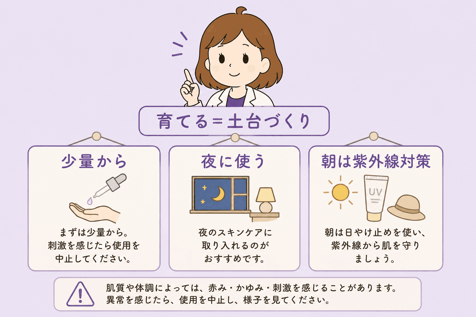 少量から・夜に・朝は紫外線対策という使い方の注意