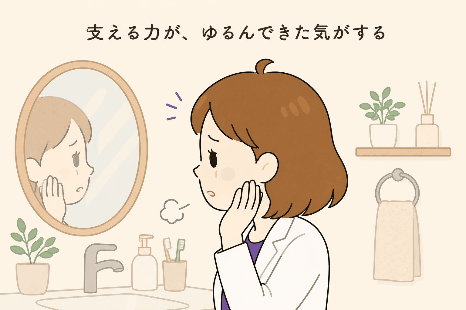 頬に手を当て輪郭の下がりを気にする女性