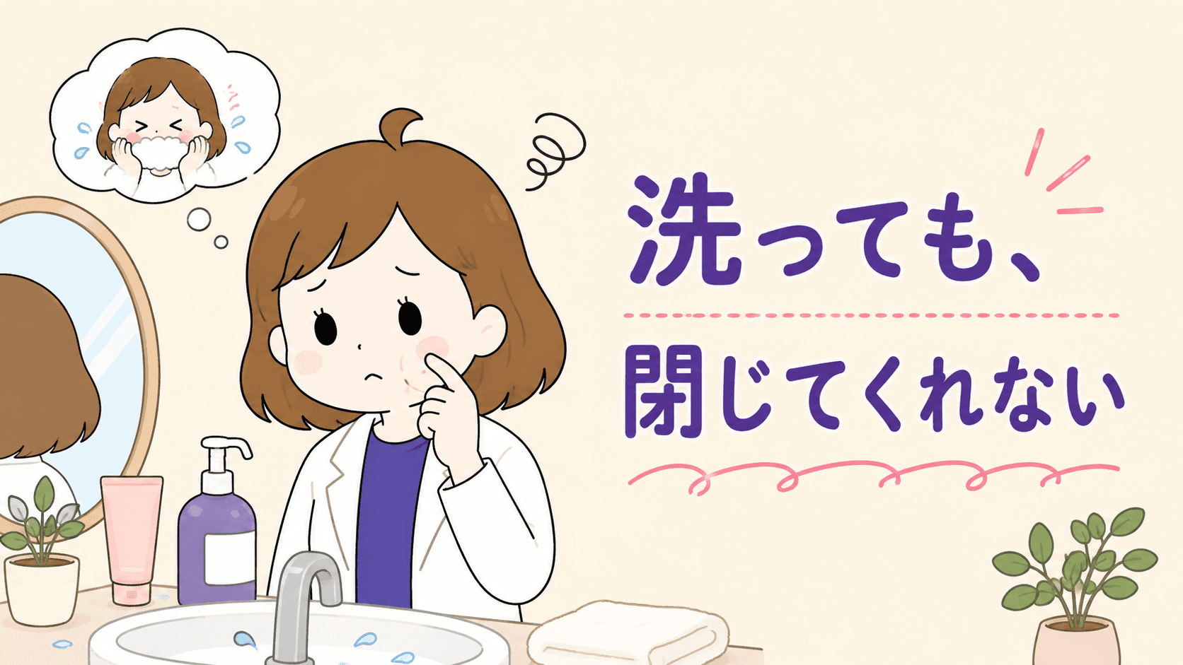 昼過ぎの鏡でテカりと開いた毛穴を気にする女性
