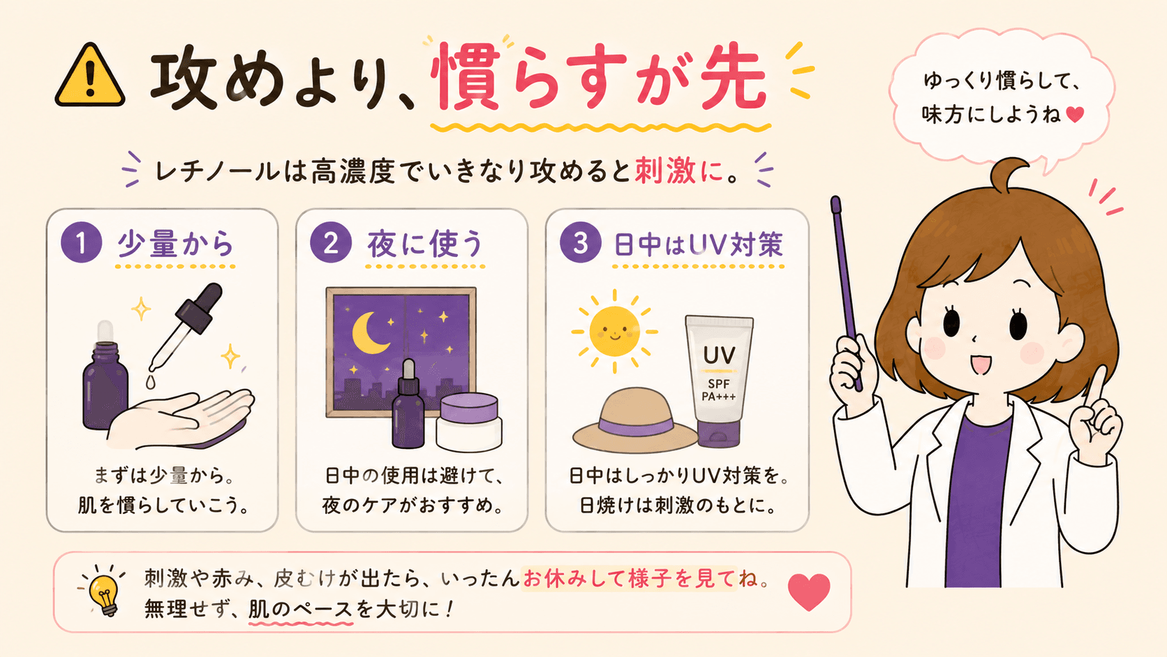 少量から・夜に・朝は紫外線対策という使い方の注意