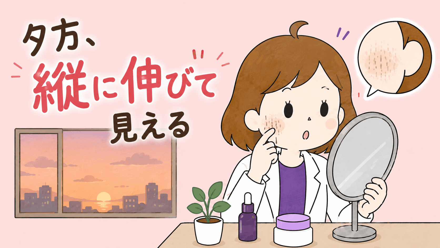 頬を指で持ち上げて毛穴の見え方を確かめる女性