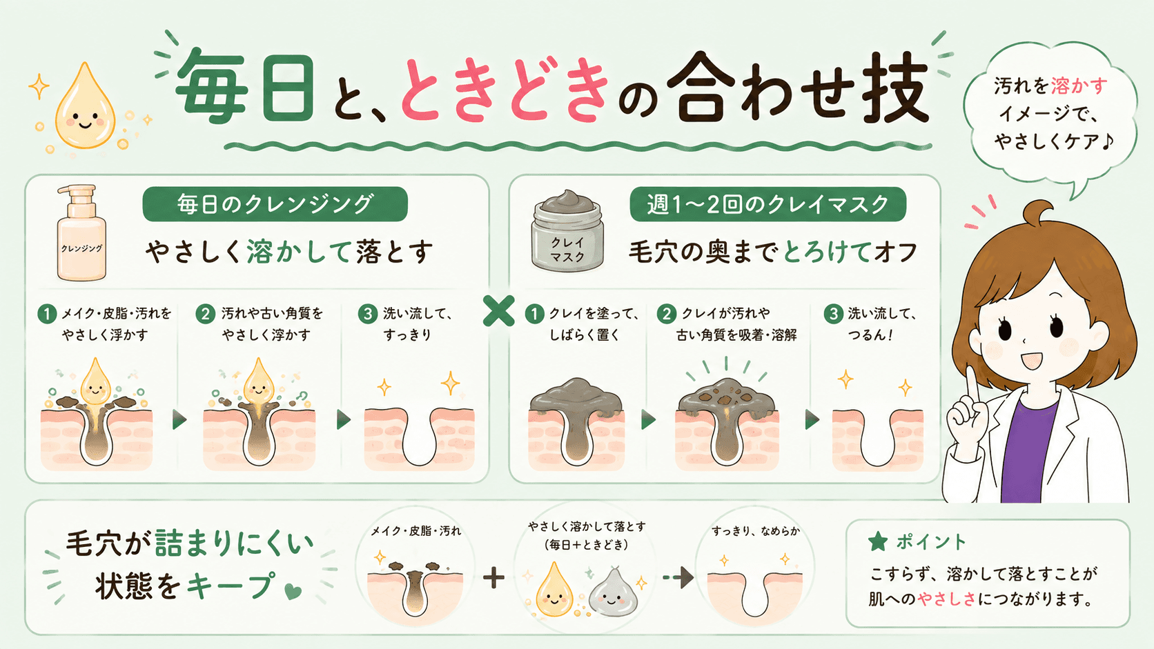 引き締める・持ち上げる・溶かし出すそれぞれが届く場所の違いを示す図解