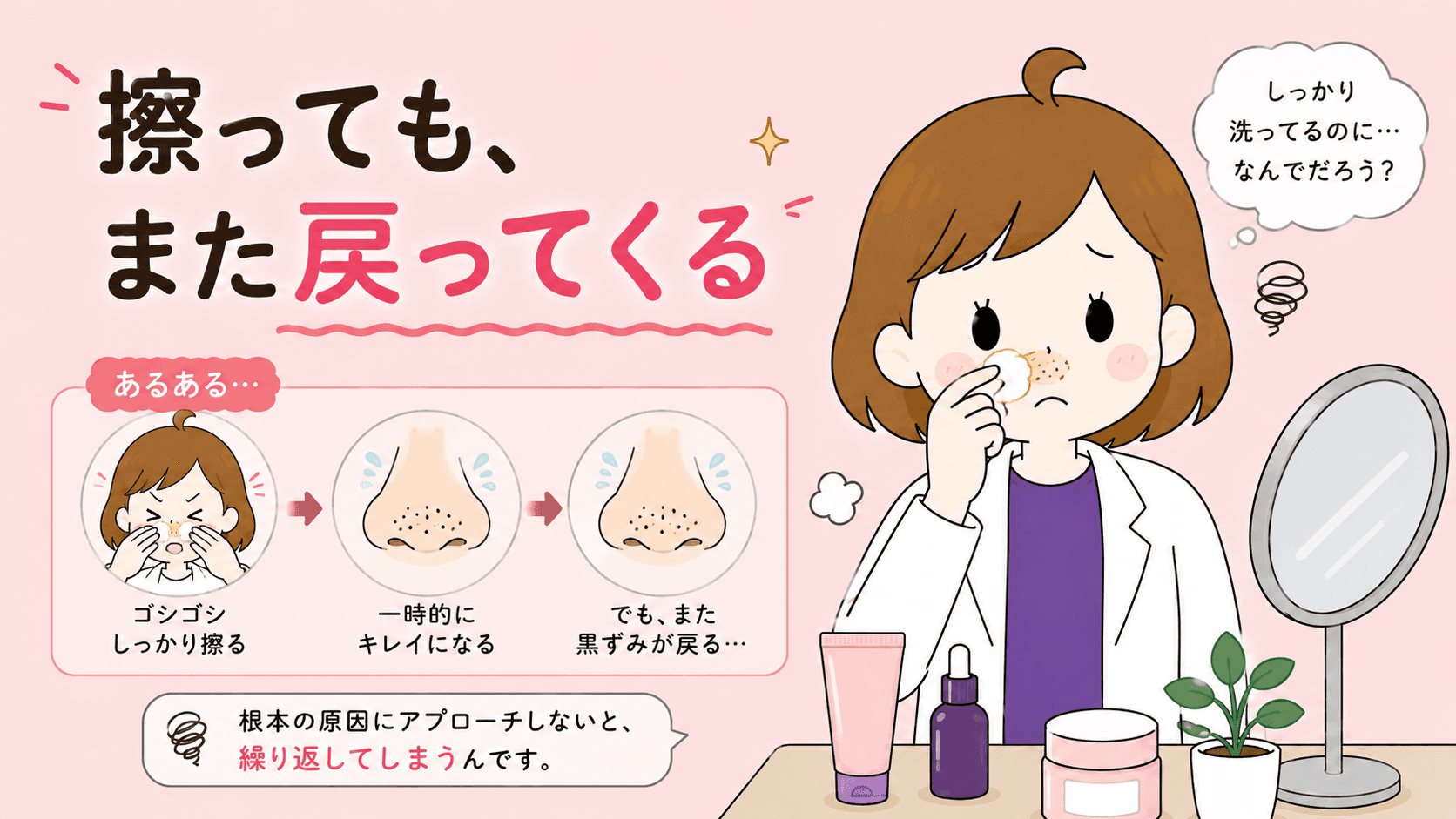 小鼻の黒ずみとザラつきを鏡で確かめる女性