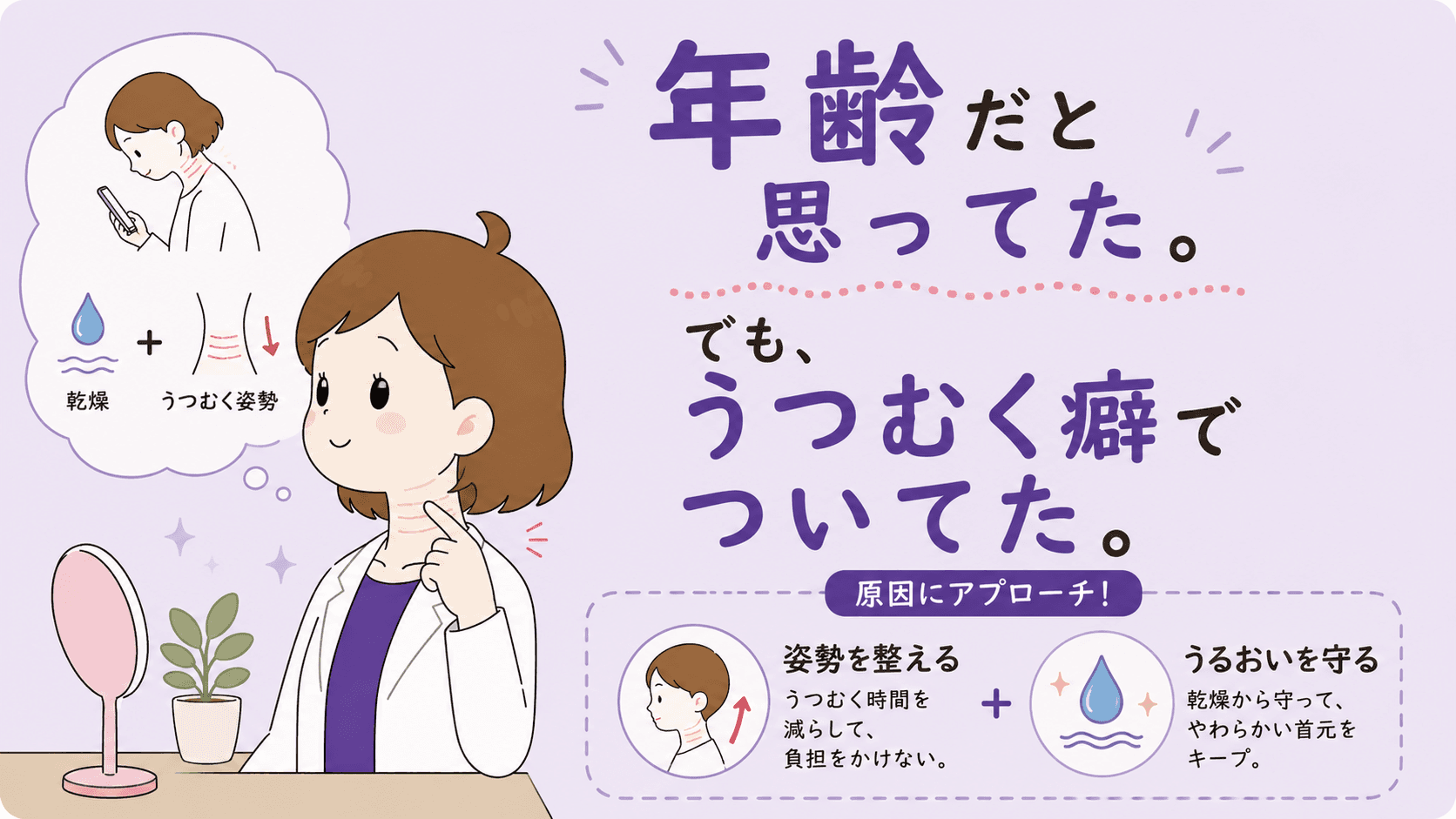 うつむく角度で首の皮ふが同じ場所に折りたたまれる図解