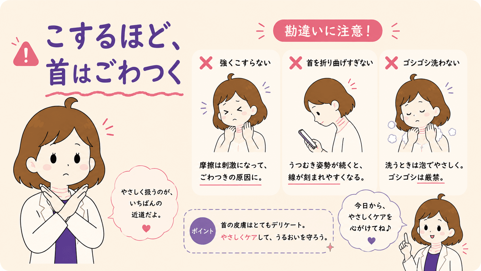 こすらない・引っぱらない・下を向きっぱなしにしないという使い方の注意