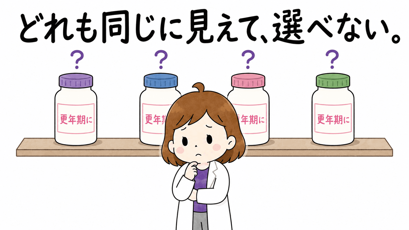 更年期と書かれたサプリの棚の前で困っているビヨリケイ