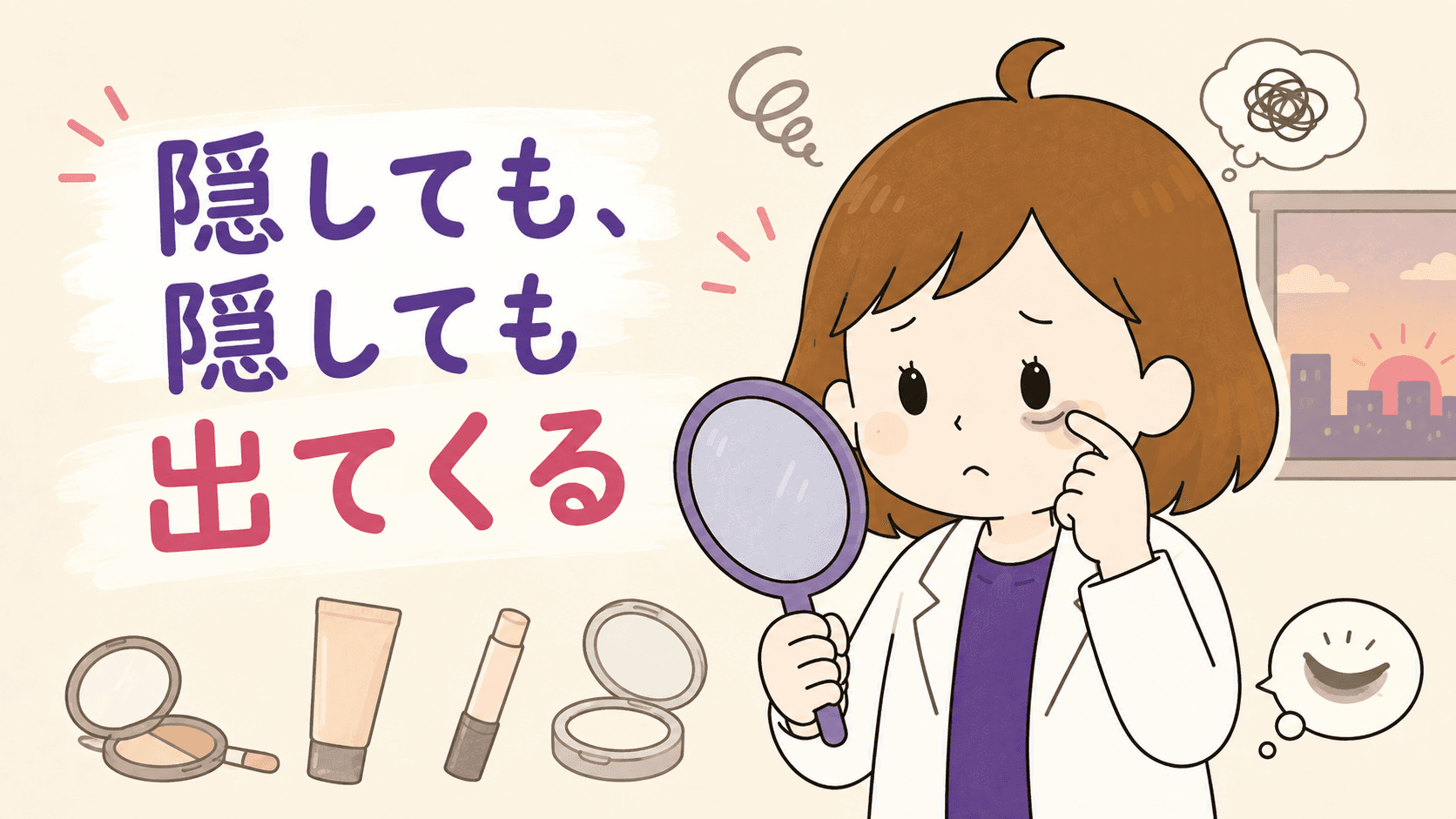 夕方の鏡でコンシーラーが浮いた目の下を気にする女性