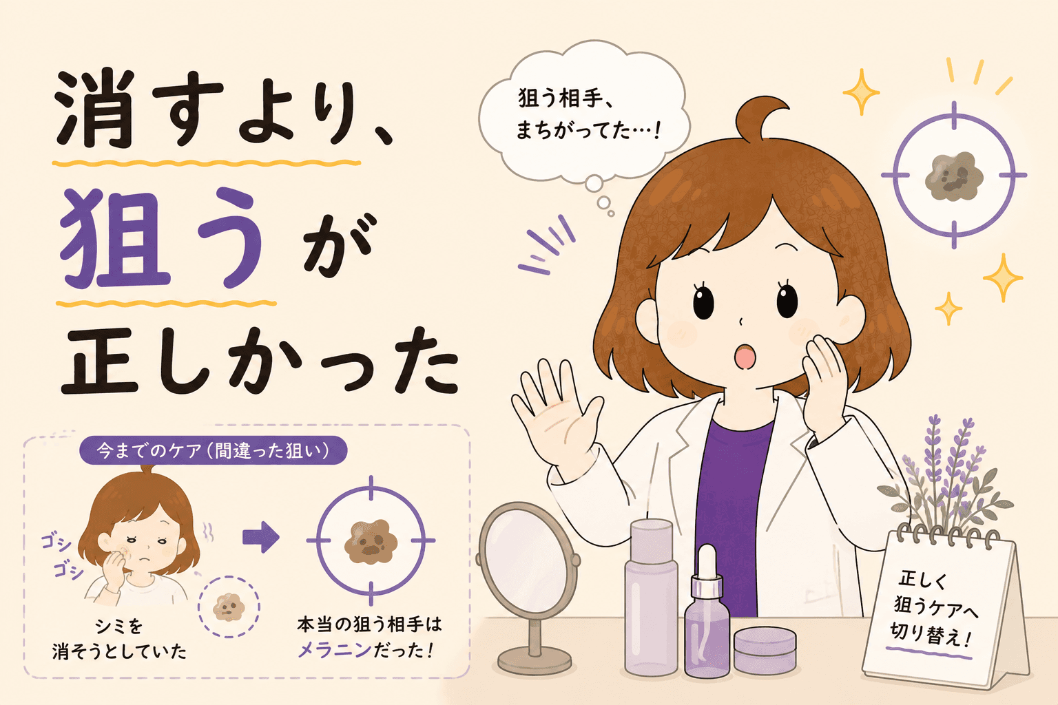 美白美容液を並べて試したのに変わらないと苦笑いする女性