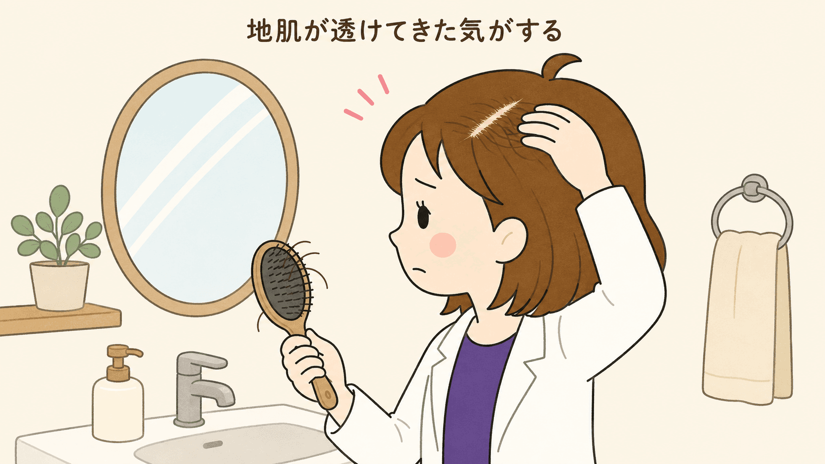分け目や生え際が気になり鏡を見る女性